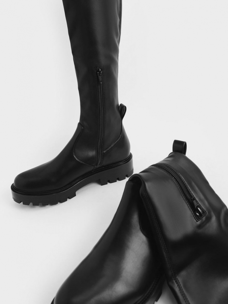 μποτεσ μεχρι το γονατο Charles And Keith Faux δερματινα μαυρα | 28935-LOAT