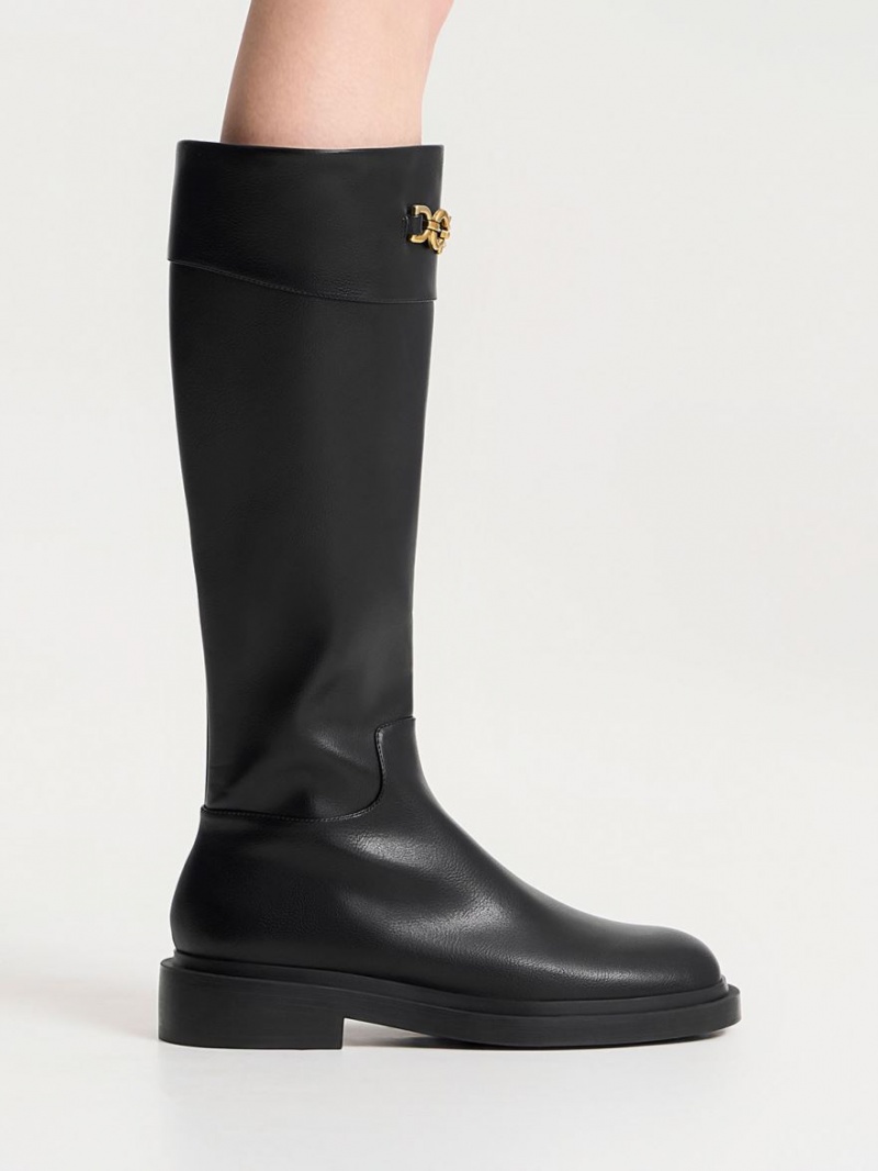 μποτεσ μεχρι το γονατο Charles And Keith Metallic Chain Accent μαυρα | 53127-GJWR