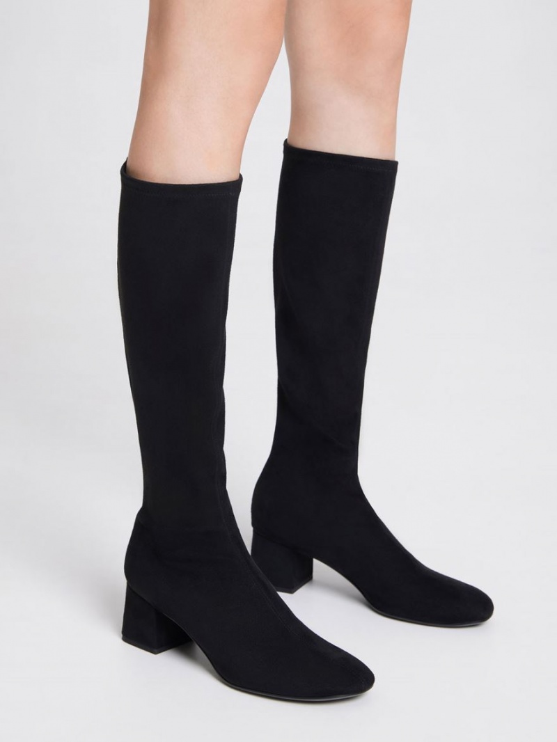 μποτεσ μεχρι το γονατο Charles And Keith Textured Block Heel μαυρα | 59412-ODHZ