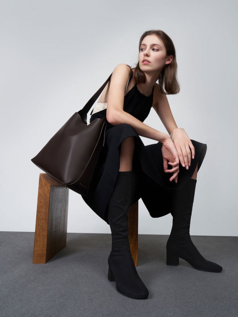 μποτεσ μεχρι το γονατο Charles And Keith Textured Block Heel μαυρα | 59412-ODHZ