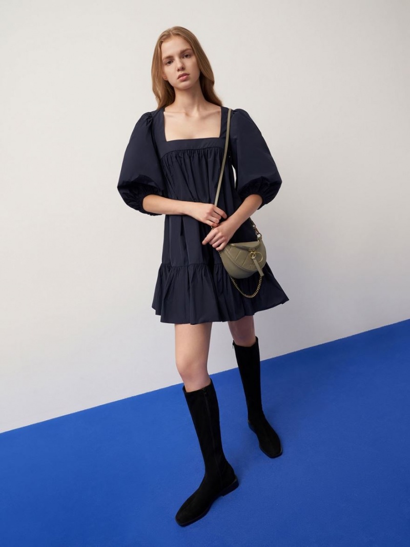 μποτεσ μεχρι το γονατο Charles And Keith Textured φλατ μαυρα | 49056-YMQJ