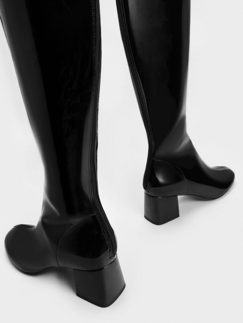 μποτεσ μεχρι το γονατο Charles And Keith λουστρινι Block Heel μαυρα | 92147-AOTG