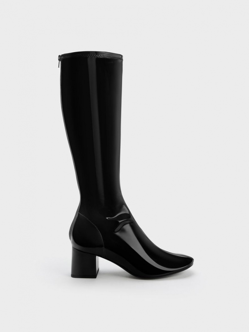 μποτεσ μεχρι το γονατο Charles And Keith λουστρινι Block Heel μαυρα | 92147-AOTG