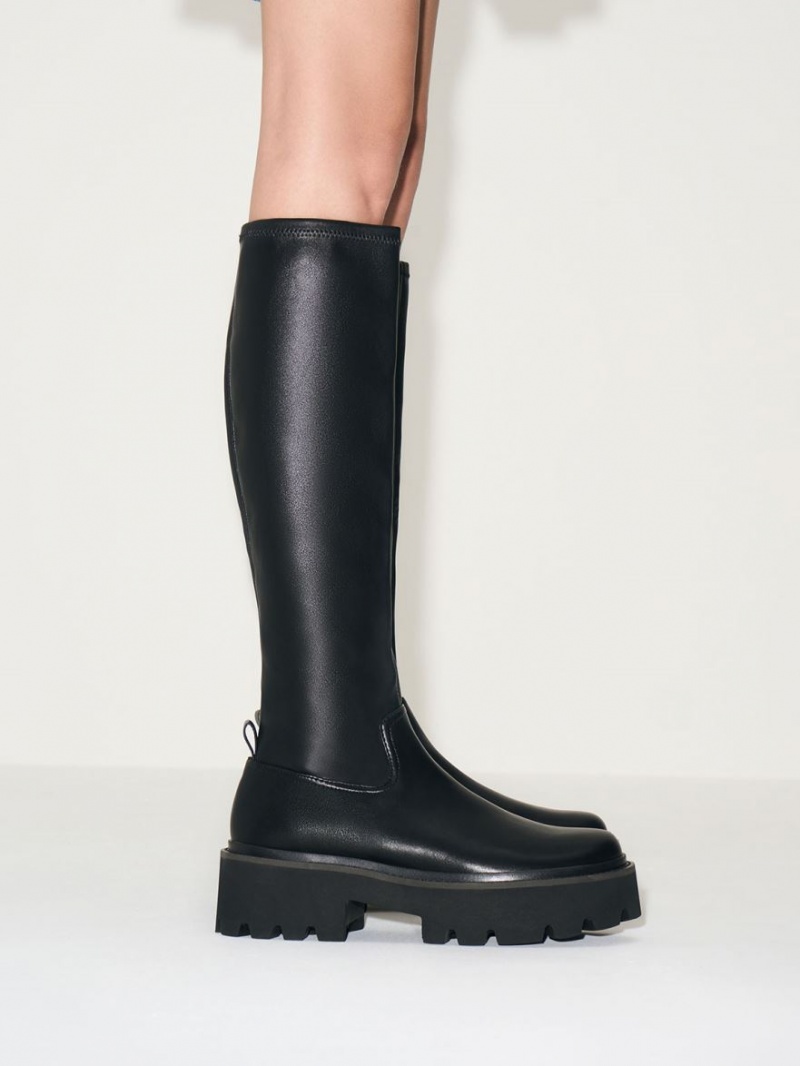 μποτεσ μεχρι το γονατο Charles And Keith Χοντρός flatforms μαυρα | 29716-MAWC