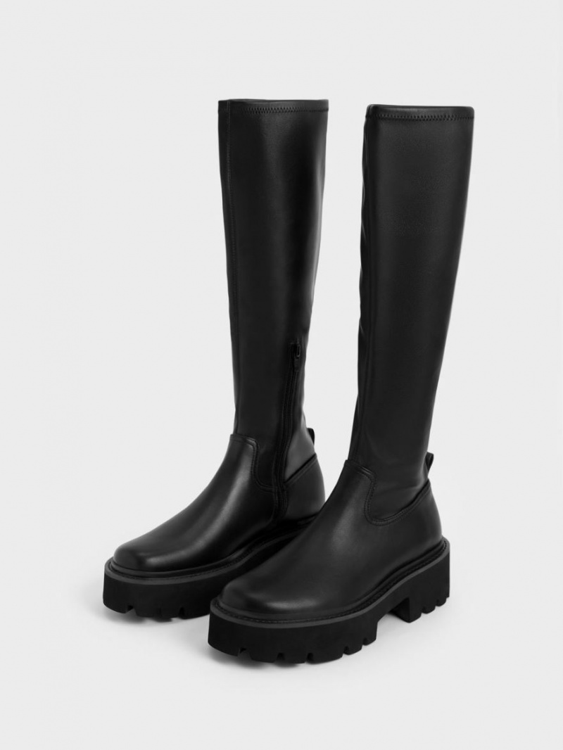 μποτεσ μεχρι το γονατο Charles And Keith Χοντρός flatforms μαυρα | 29716-MAWC