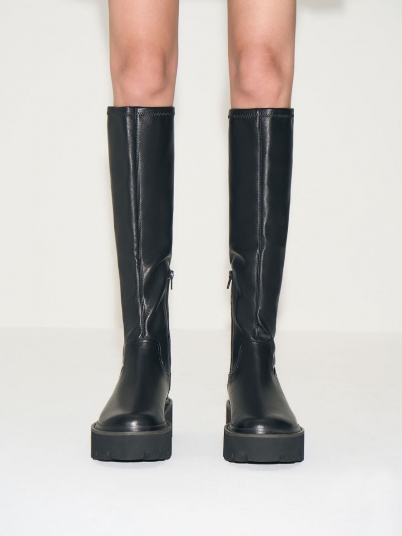 μποτεσ μεχρι το γονατο Charles And Keith Χοντρός flatforms μαυρα | 29716-MAWC