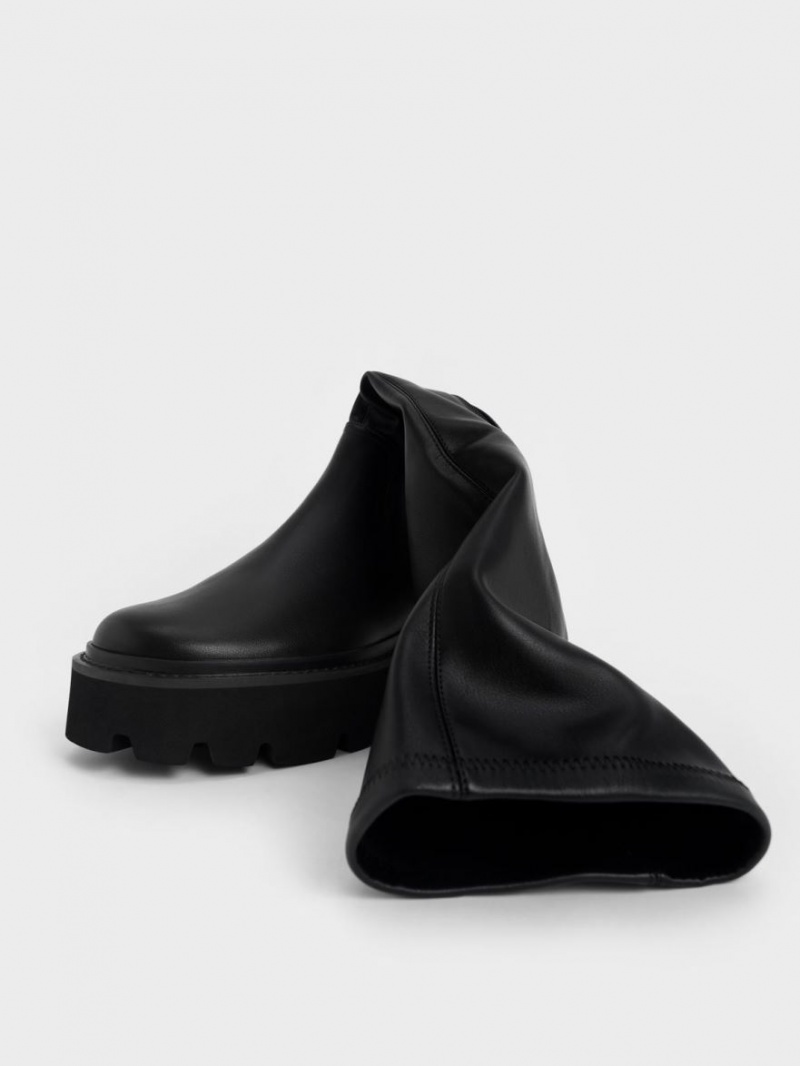 μποτεσ μεχρι το γονατο Charles And Keith Χοντρός flatforms μαυρα | 29716-MAWC