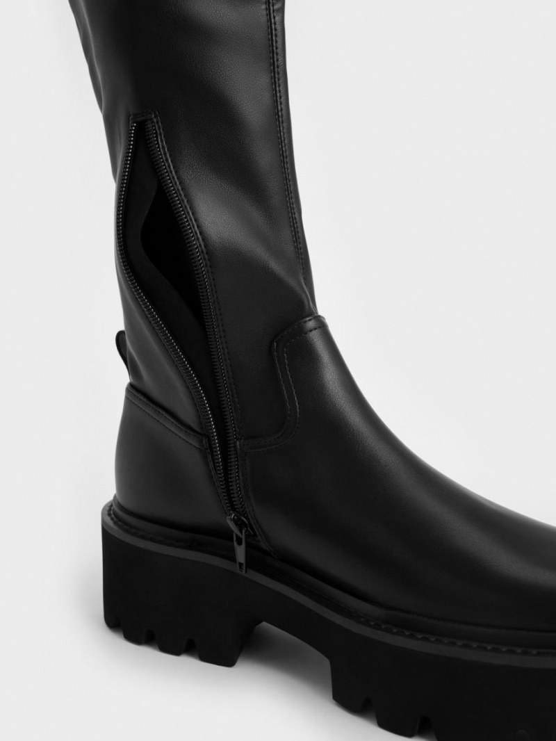 μποτεσ μεχρι το γονατο Charles And Keith Χοντρός flatforms μαυρα | 29716-MAWC