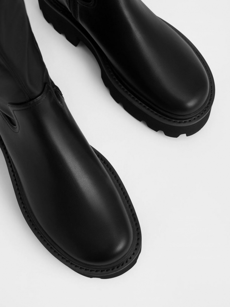 μποτεσ μεχρι το γονατο Charles And Keith Χοντρός flatforms μαυρα | 29716-MAWC