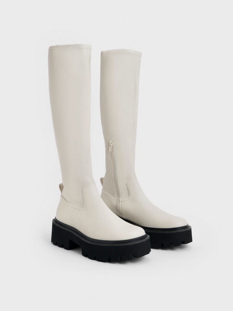 μποτεσ μεχρι το γονατο Charles And Keith Χοντρός flatforms ασπρα | 92504-SGYV