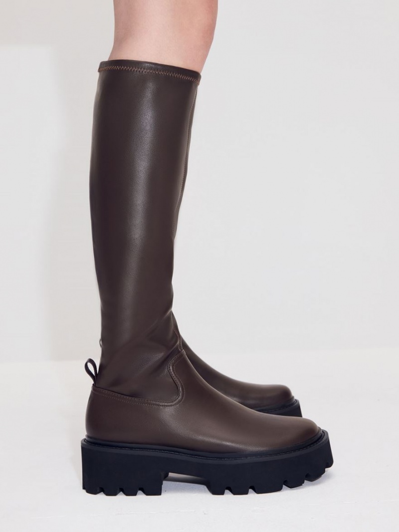 μποτεσ μεχρι το γονατο Charles And Keith Χοντρός flatforms σκούρο καφε | 64187-ATBG