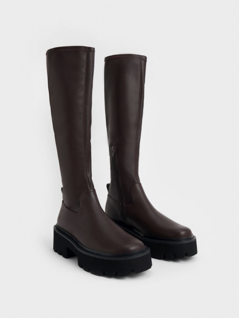 μποτεσ μεχρι το γονατο Charles And Keith Χοντρός flatforms σκούρο καφε | 64187-ATBG