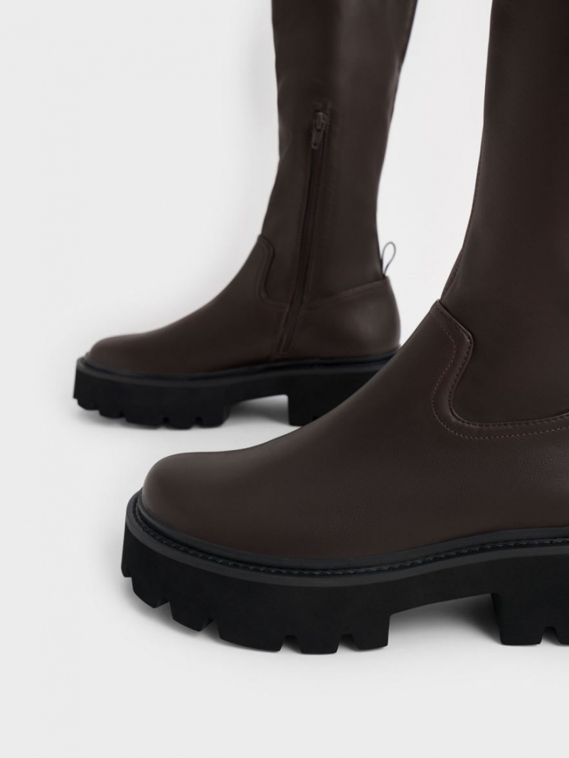 μποτεσ μεχρι το γονατο Charles And Keith Χοντρός flatforms σκούρο καφε | 64187-ATBG