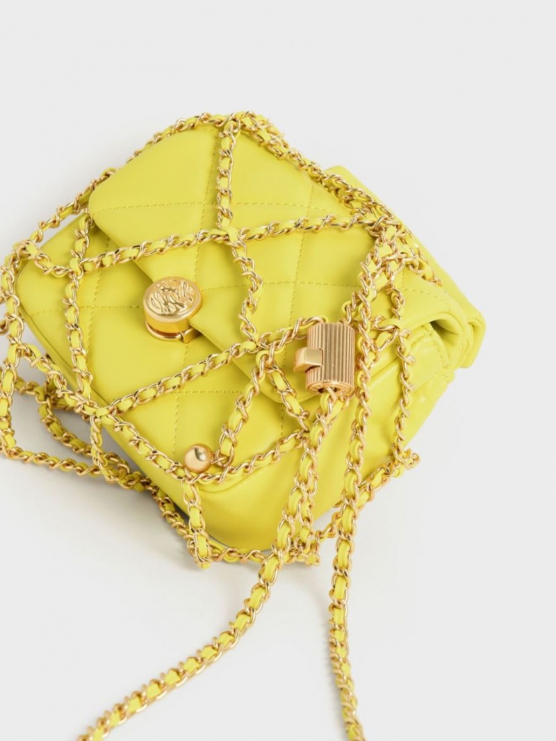 τσάντα clutch Charles And Keith Braided Chain-Handle Καπιτονέ Evening κίτρινα | 72839-JOBI
