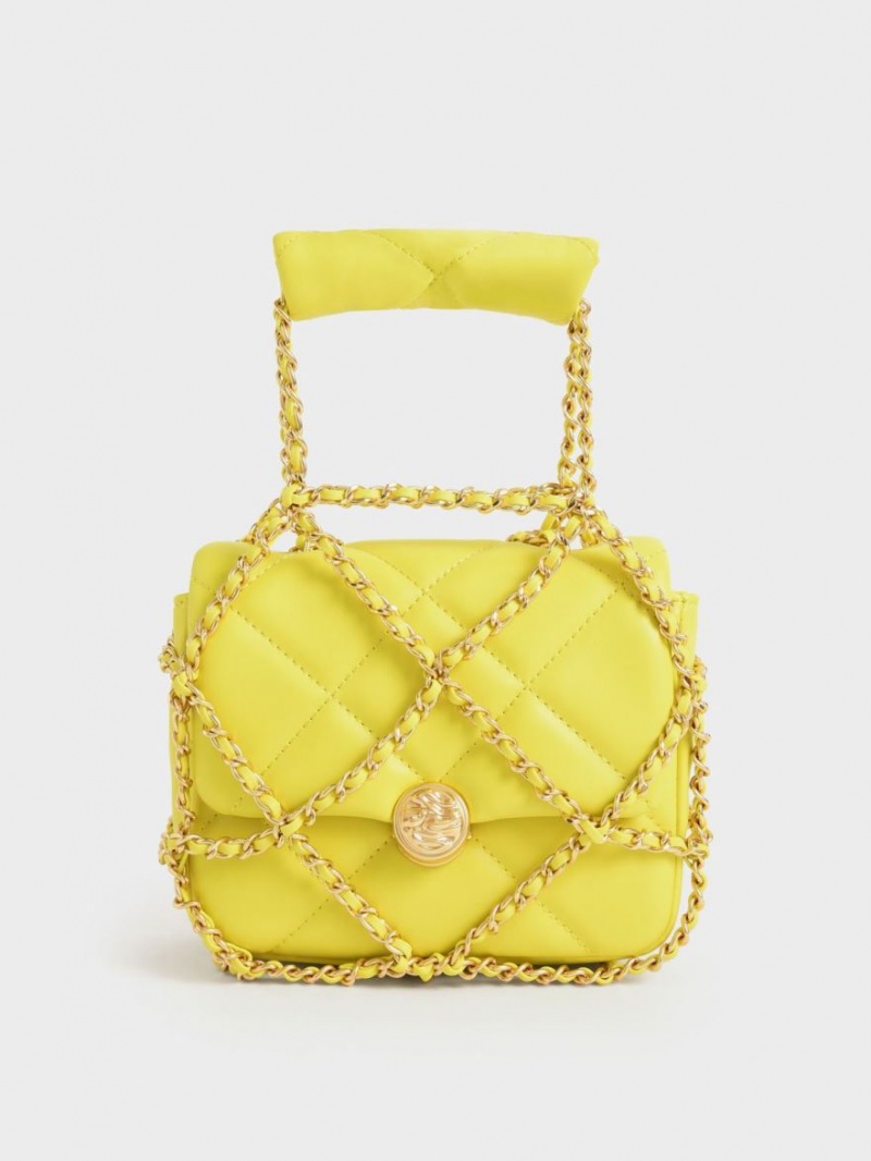 τσάντα clutch Charles And Keith Braided Chain-Handle Καπιτονέ Evening κίτρινα | 72839-JOBI