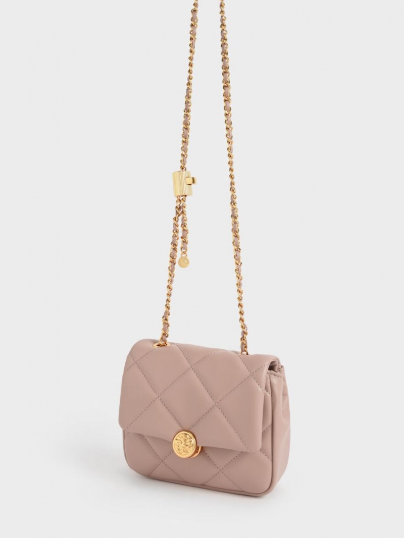 τσάντα clutch Charles And Keith Braided Chain-Handle Καπιτονέ Evening Μπεζ | 74203-GODJ