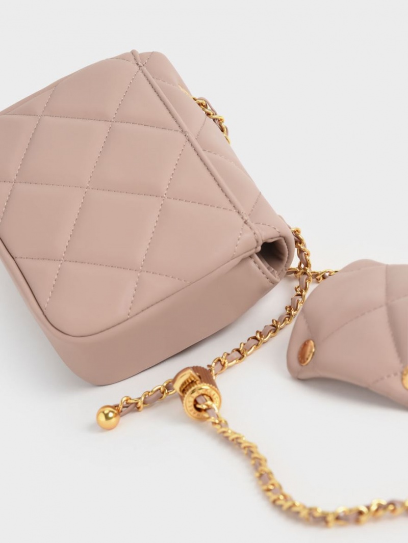 τσάντα clutch Charles And Keith Braided Chain-Handle Καπιτονέ Evening Μπεζ | 74203-GODJ