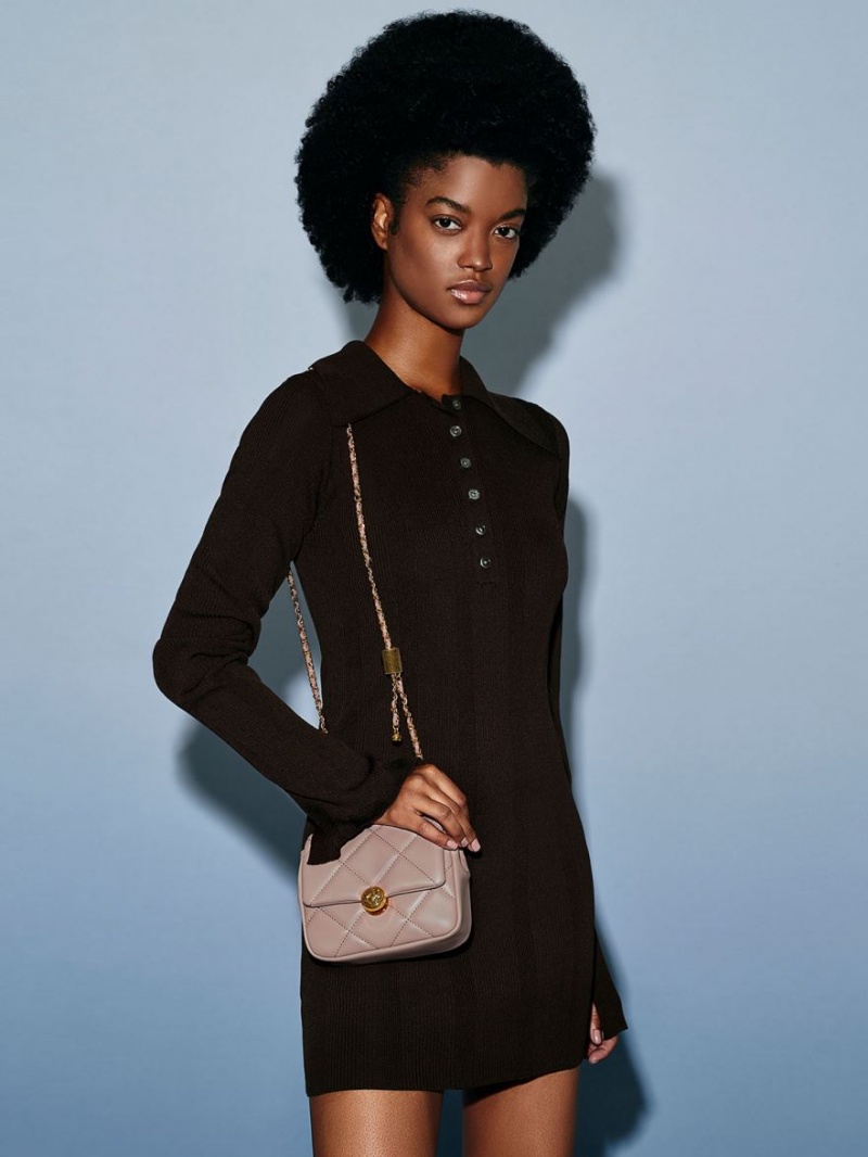 τσάντα clutch Charles And Keith Braided Chain-Handle Καπιτονέ Evening Μπεζ | 74203-GODJ