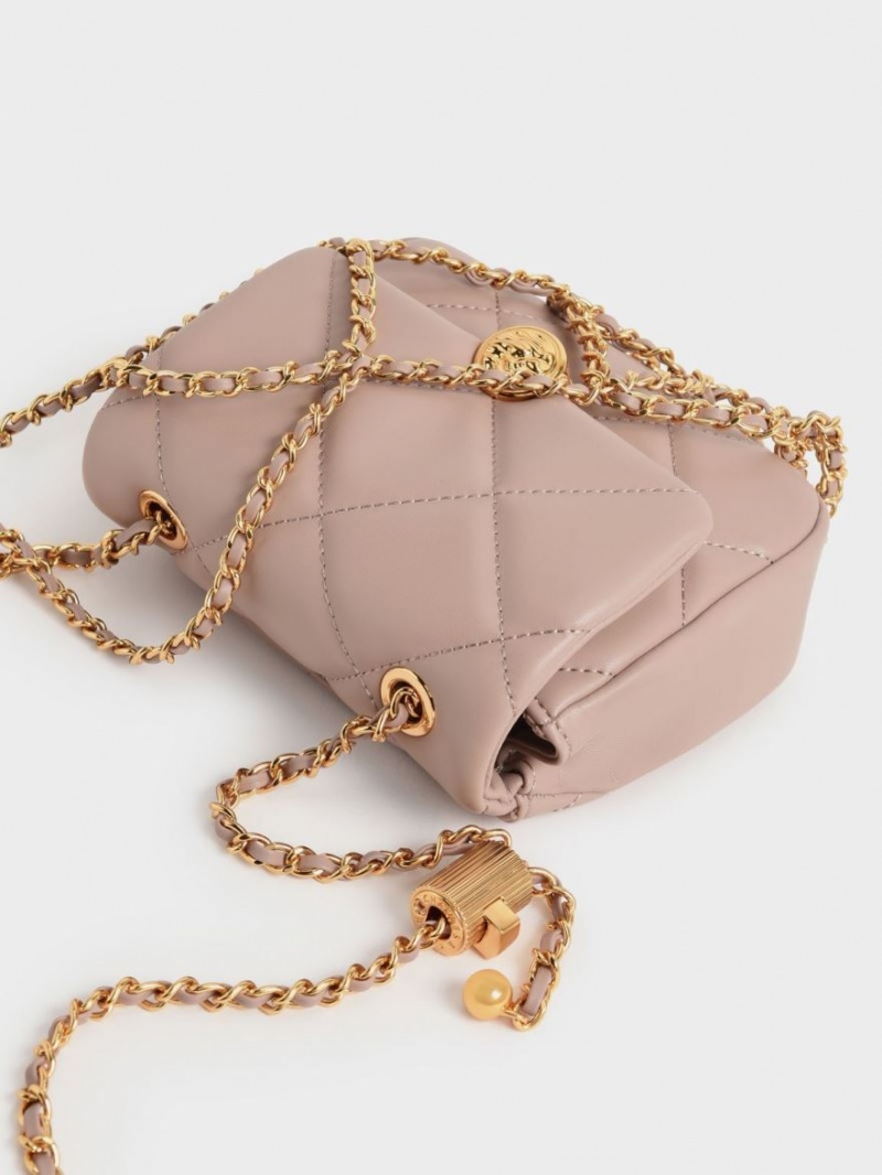 τσάντα clutch Charles And Keith Braided Chain-Handle Καπιτονέ Evening Μπεζ | 74203-GODJ