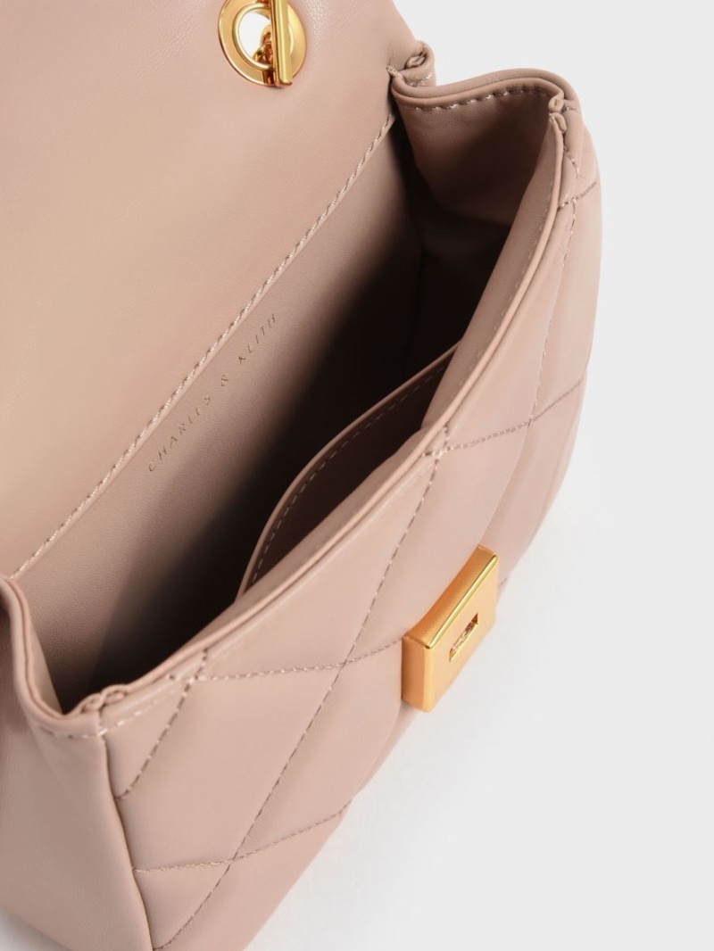 τσάντα clutch Charles And Keith Braided Chain-Handle Καπιτονέ Evening Μπεζ | 74203-GODJ