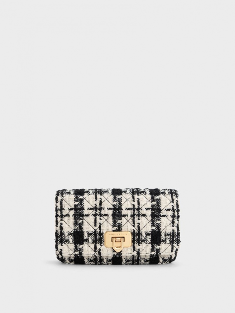 τσάντα clutch Charles And Keith Cressida Tweed Push-Lock μαυρα ασπρα | 34167-VJYB