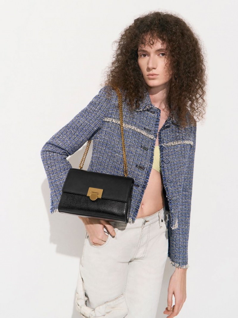 τσάντα clutch Charles And Keith Snake Print Metallic Accent μαυρα | 90763-AUMZ