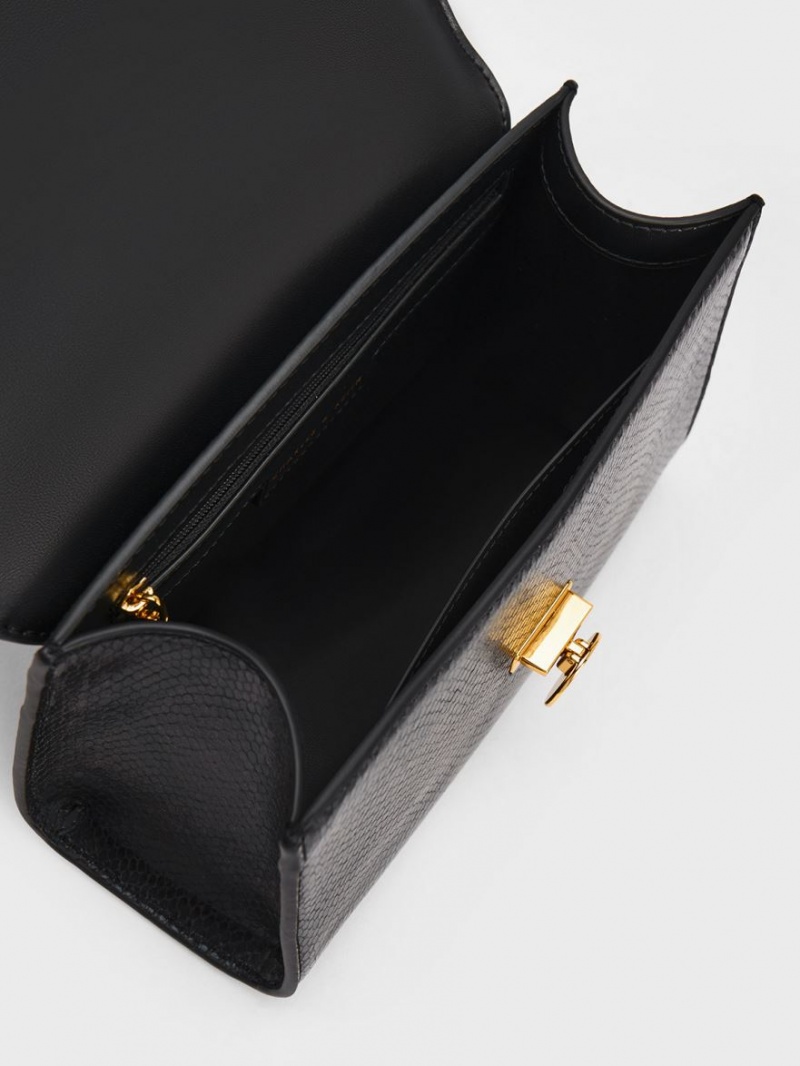 τσάντα clutch Charles And Keith Snake Print Metallic Accent μαυρα | 90763-AUMZ