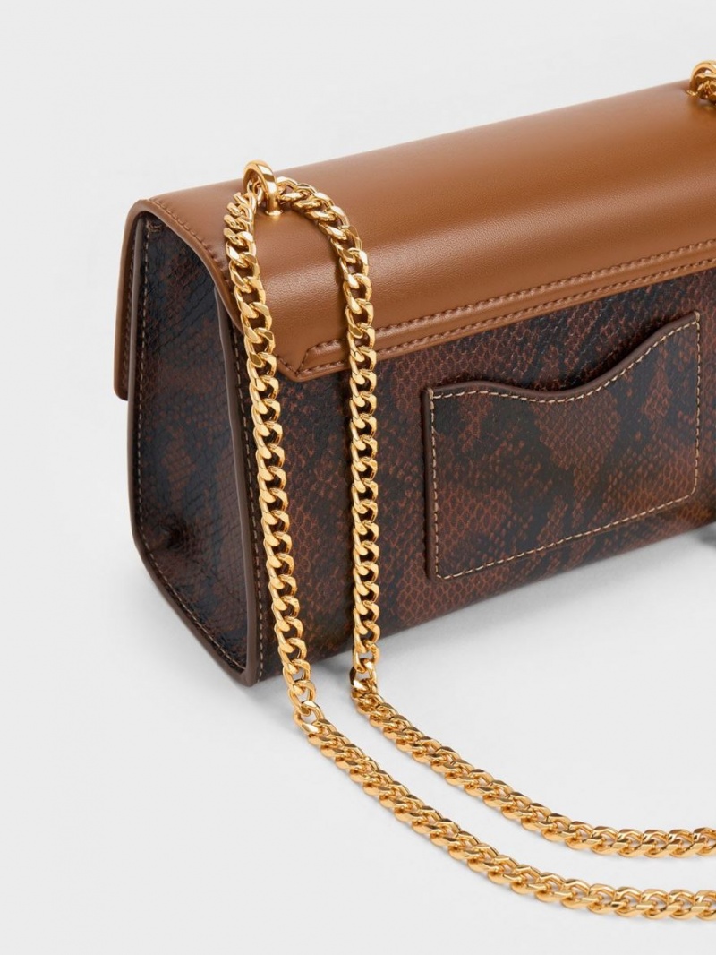 τσάντα clutch Charles And Keith Snake Print Metallic Accent καφε | 79085-XECW
