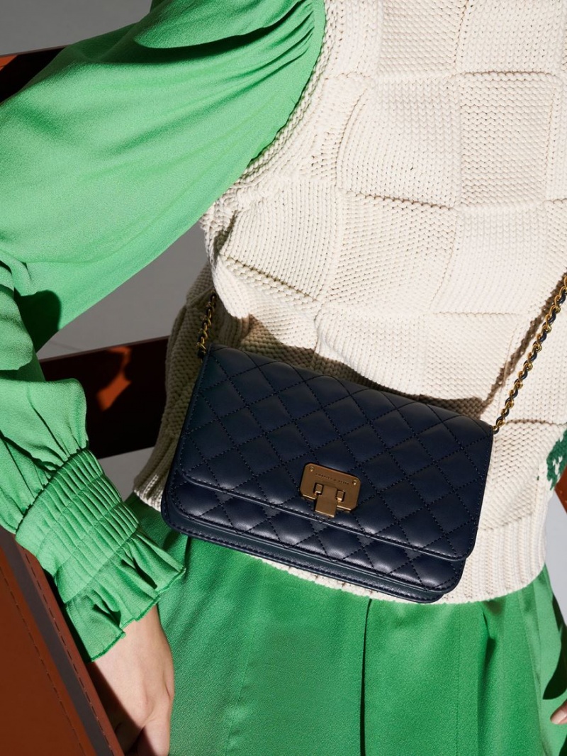 τσάντα clutch Charles And Keith Καπιτονέ Push-Lock σκουρο μπλε | 13756-PKMC