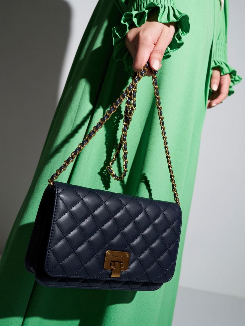 τσάντα clutch Charles And Keith Καπιτονέ Push-Lock σκουρο μπλε | 13756-PKMC