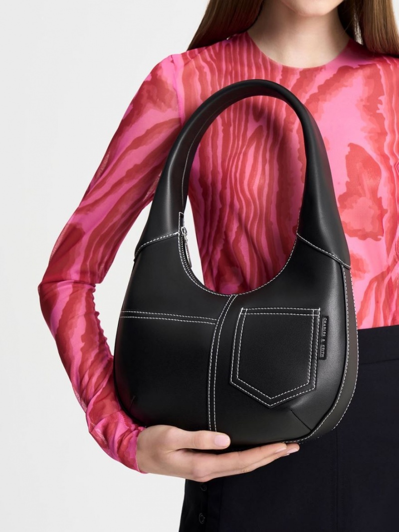 τσάντα hobo Charles And Keith Anthea Contrast-Trim Curved μαυρα | 78241-GHTE