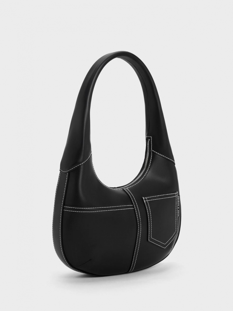 τσάντα hobo Charles And Keith Anthea Contrast-Trim Curved μαυρα | 78241-GHTE