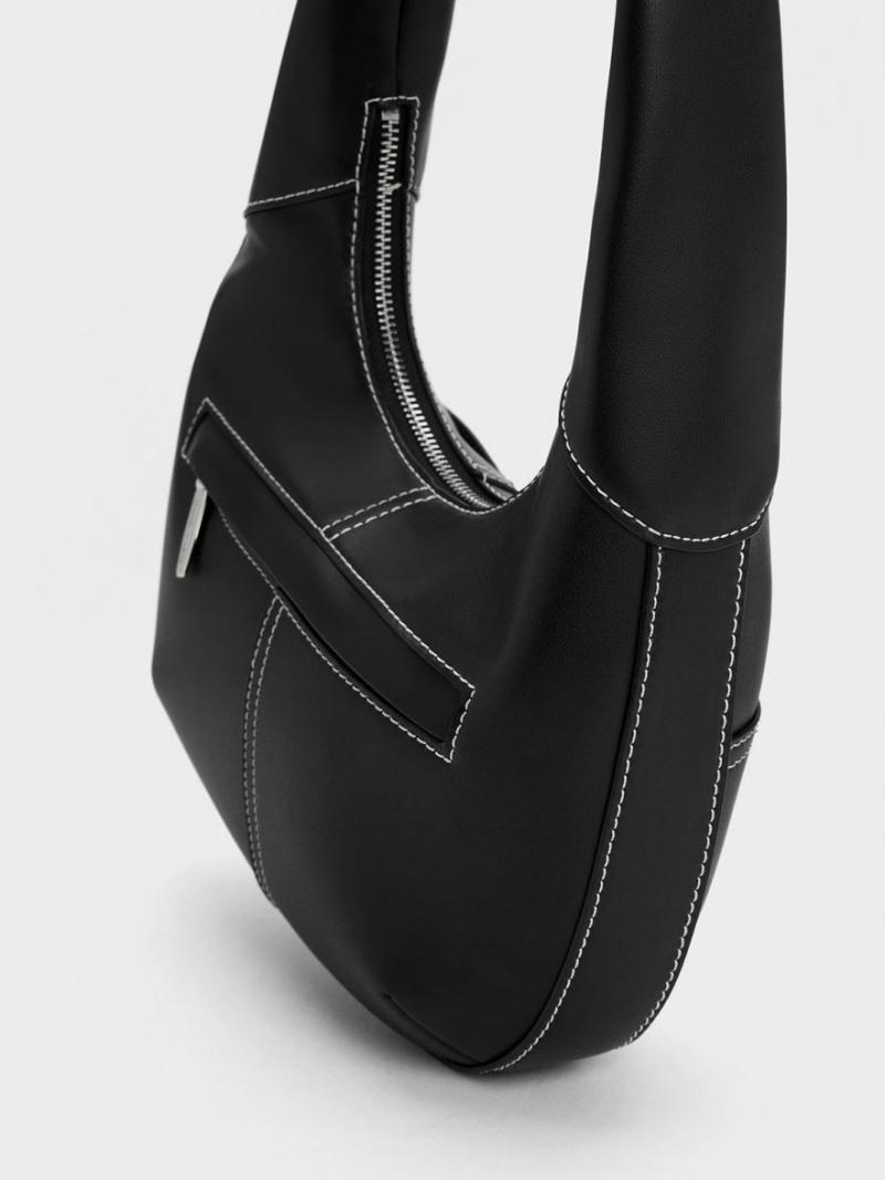 τσάντα hobo Charles And Keith Anthea Contrast-Trim Curved μαυρα | 78241-GHTE