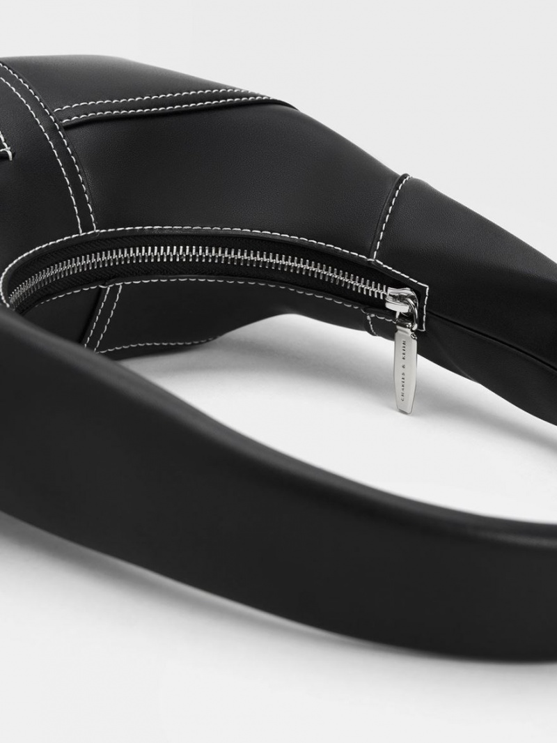 τσάντα hobo Charles And Keith Anthea Contrast-Trim Curved μαυρα | 78241-GHTE