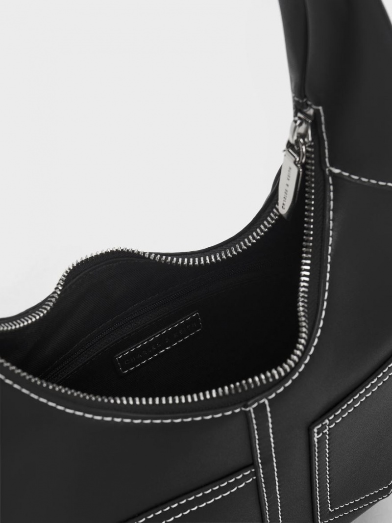 τσάντα hobo Charles And Keith Anthea Contrast-Trim Curved μαυρα | 78241-GHTE