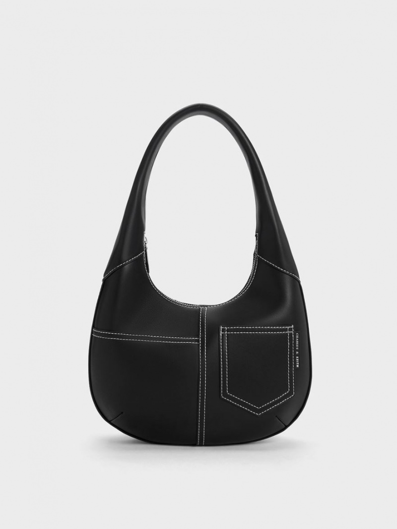 τσάντα hobo Charles And Keith Anthea Contrast-Trim Curved μαυρα | 78241-GHTE