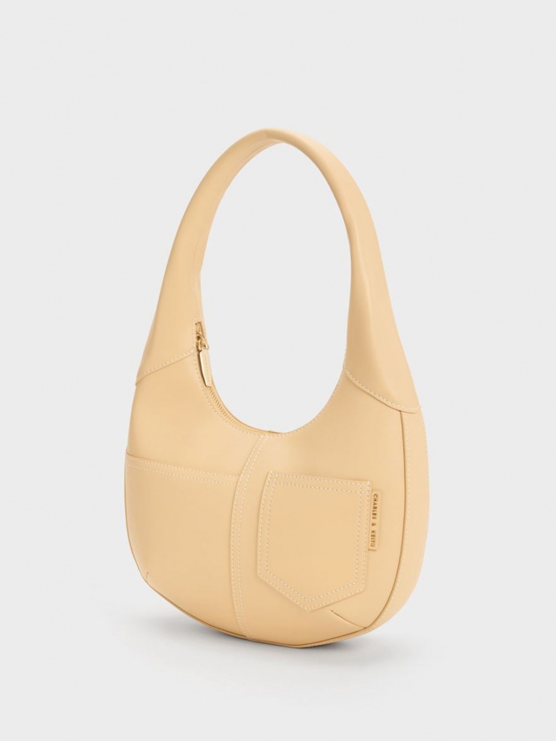 τσάντα hobo Charles And Keith Anthea Contrast-Trim Curved Μπεζ | 39207-NDPM