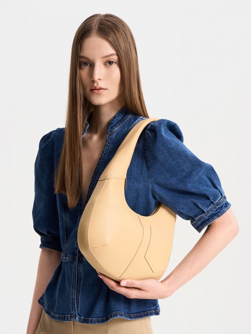 τσάντα hobo Charles And Keith Anthea Contrast-Trim Curved Μπεζ | 39207-NDPM