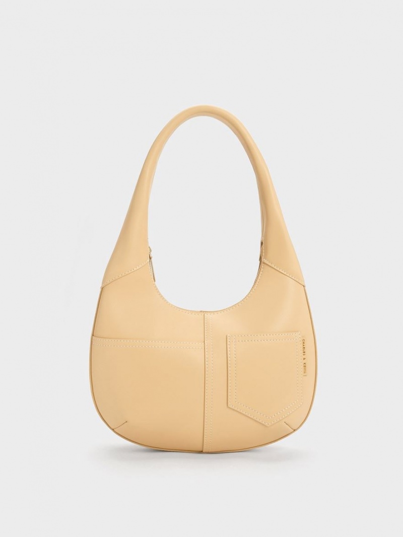 τσάντα hobo Charles And Keith Anthea Contrast-Trim Curved Μπεζ | 39207-NDPM