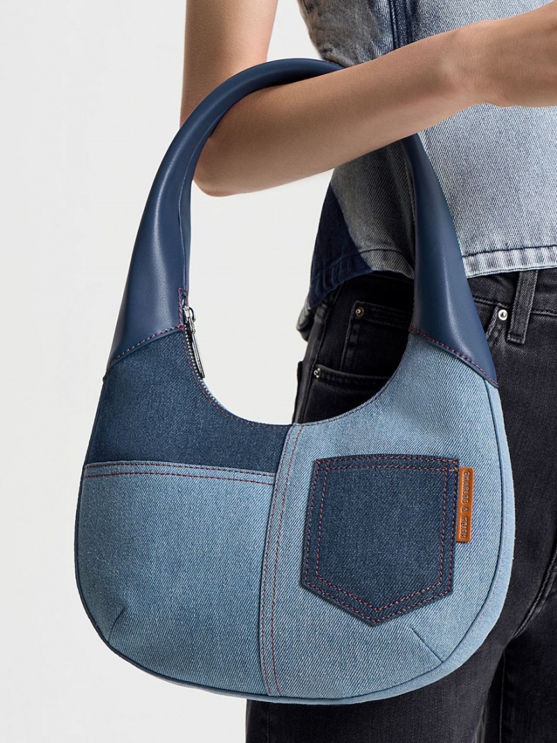 τσάντα hobo Charles And Keith Anthea Denim Contrast-Trim Curved μπλε | 74908-OBFY