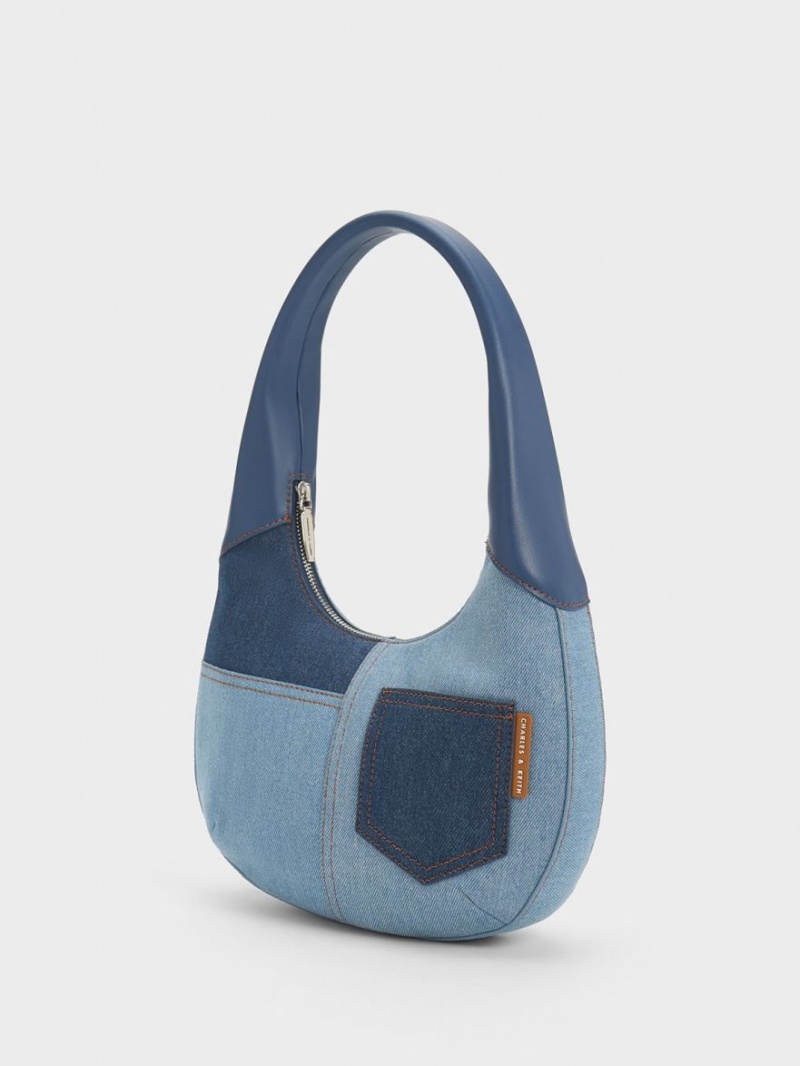 τσάντα hobo Charles And Keith Anthea Denim Contrast-Trim Curved μπλε | 74908-OBFY