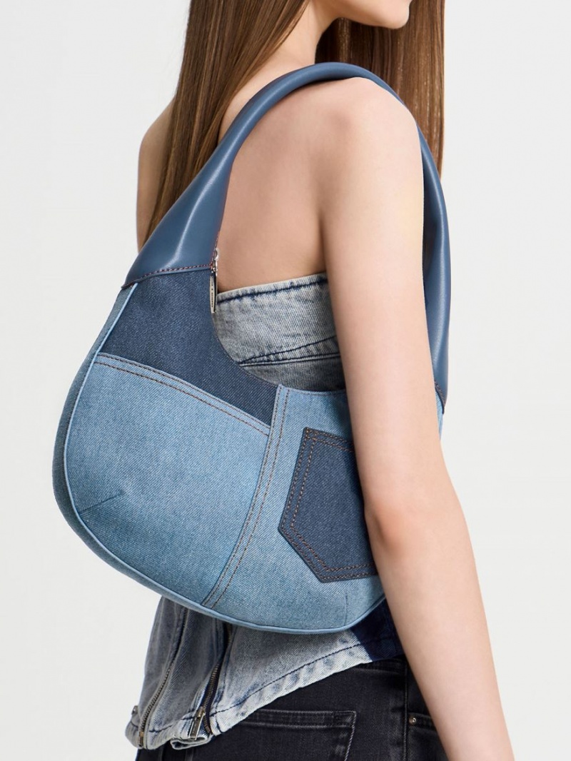 τσάντα hobo Charles And Keith Anthea Denim Contrast-Trim Curved μπλε | 74908-OBFY