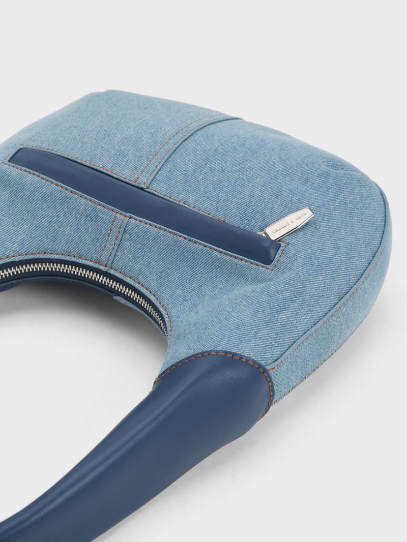 τσάντα hobo Charles And Keith Anthea Denim Contrast-Trim Curved μπλε | 74908-OBFY