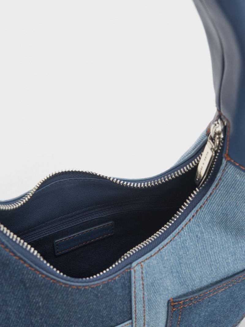 τσάντα hobo Charles And Keith Anthea Denim Contrast-Trim Curved μπλε | 74908-OBFY