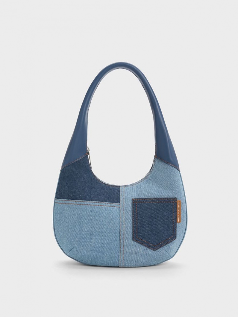 τσάντα hobo Charles And Keith Anthea Denim Contrast-Trim Curved μπλε | 74908-OBFY