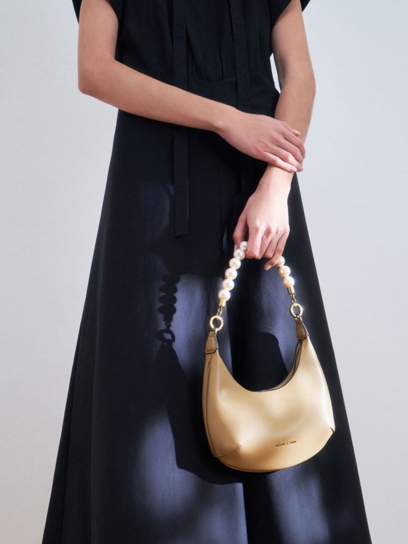 τσάντα hobo Charles And Keith Beaded Handle Μπεζ | 61984-AYHU