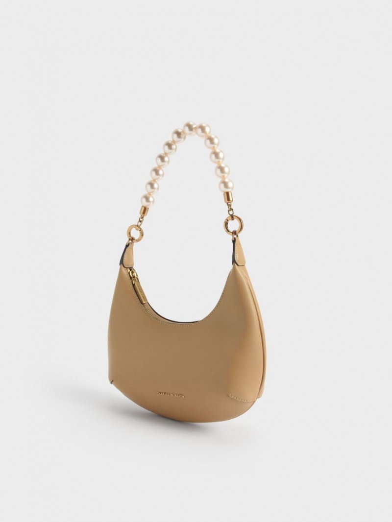 τσάντα hobo Charles And Keith Beaded Handle Μπεζ | 61984-AYHU