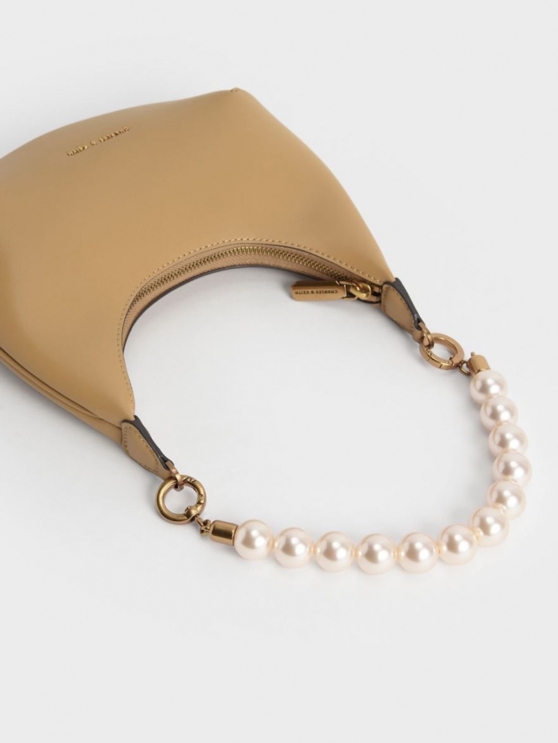 τσάντα hobo Charles And Keith Beaded Handle Μπεζ | 61984-AYHU