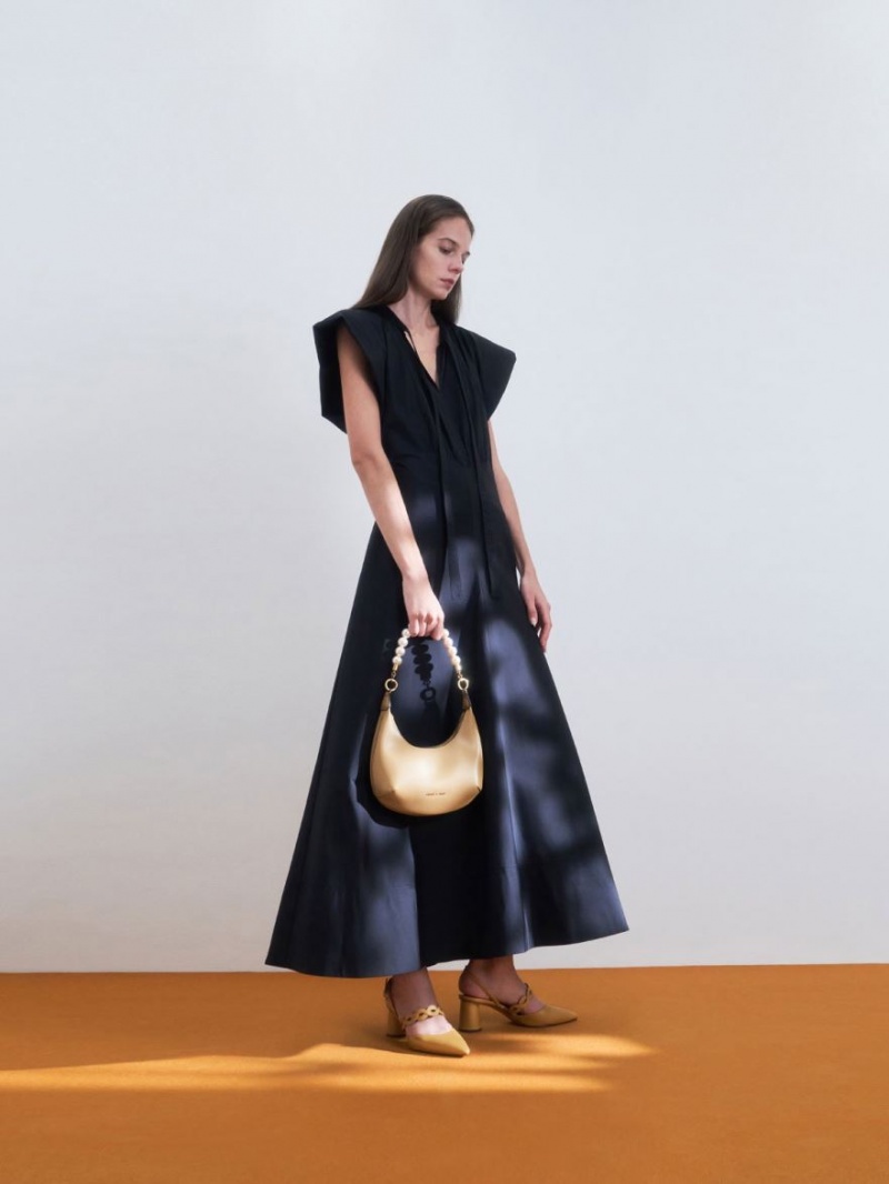 τσάντα hobo Charles And Keith Beaded Handle Μπεζ | 61984-AYHU