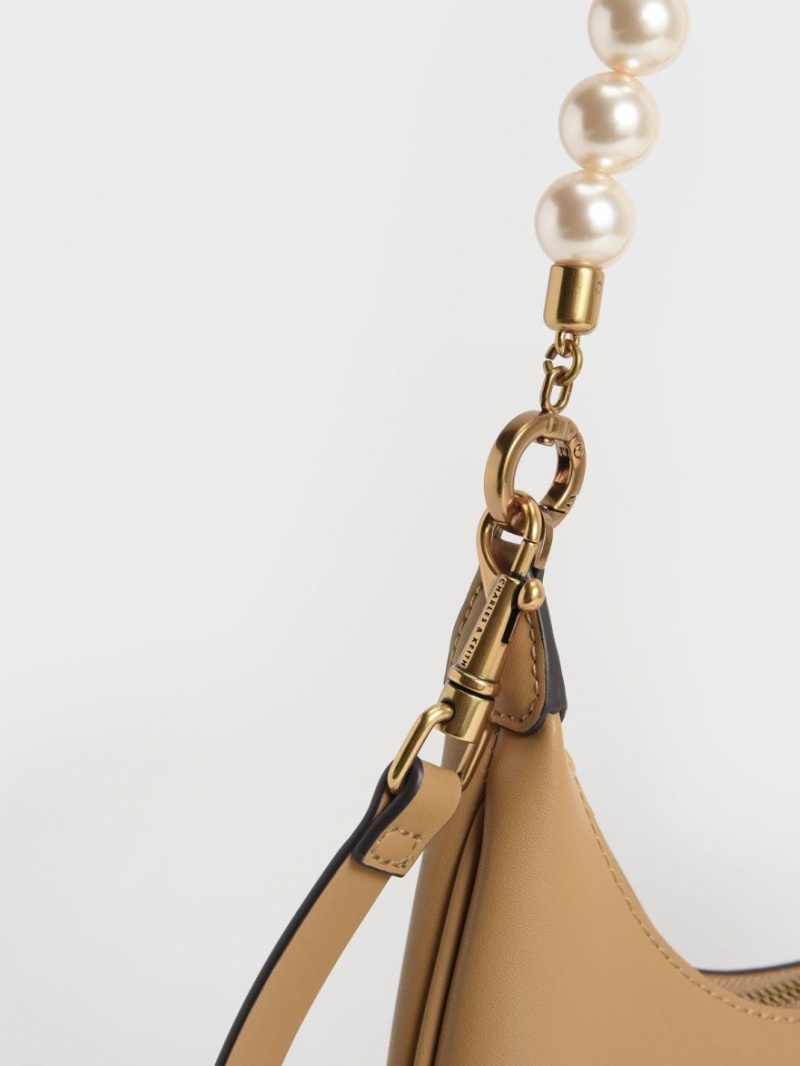 τσάντα hobo Charles And Keith Beaded Handle Μπεζ | 61984-AYHU
